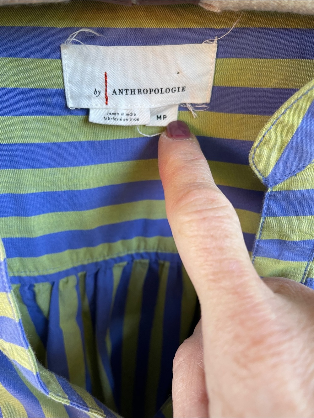 Anthropologie Darcey Striped Puff Sleeve Popover Top in Green/Blue- size MP - Picture 4 of 7